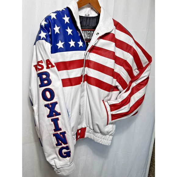 Vintage USA Boxing Leather Bomber Jacket Men's Size L Red White Blue Ringside KS - Picture 2 of 14